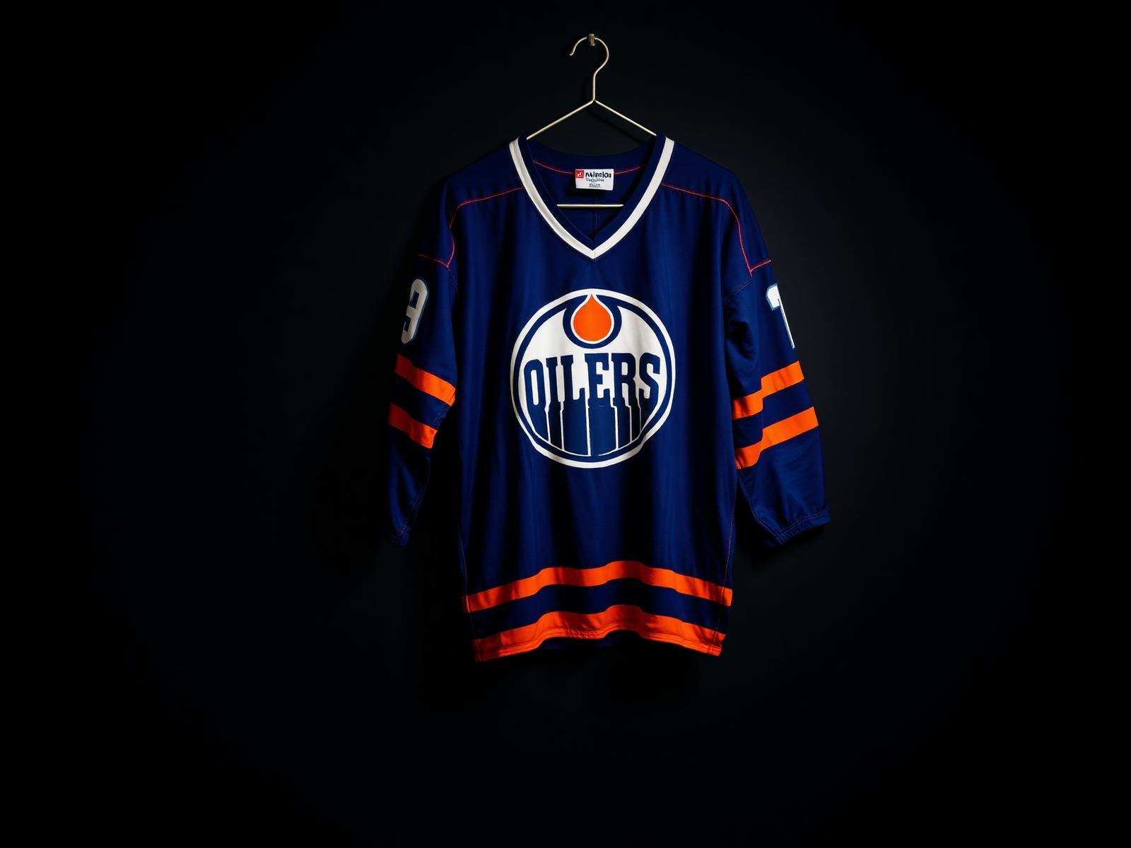 Vintage Edmonton Oilers hockey jersey displayed on matte black wall